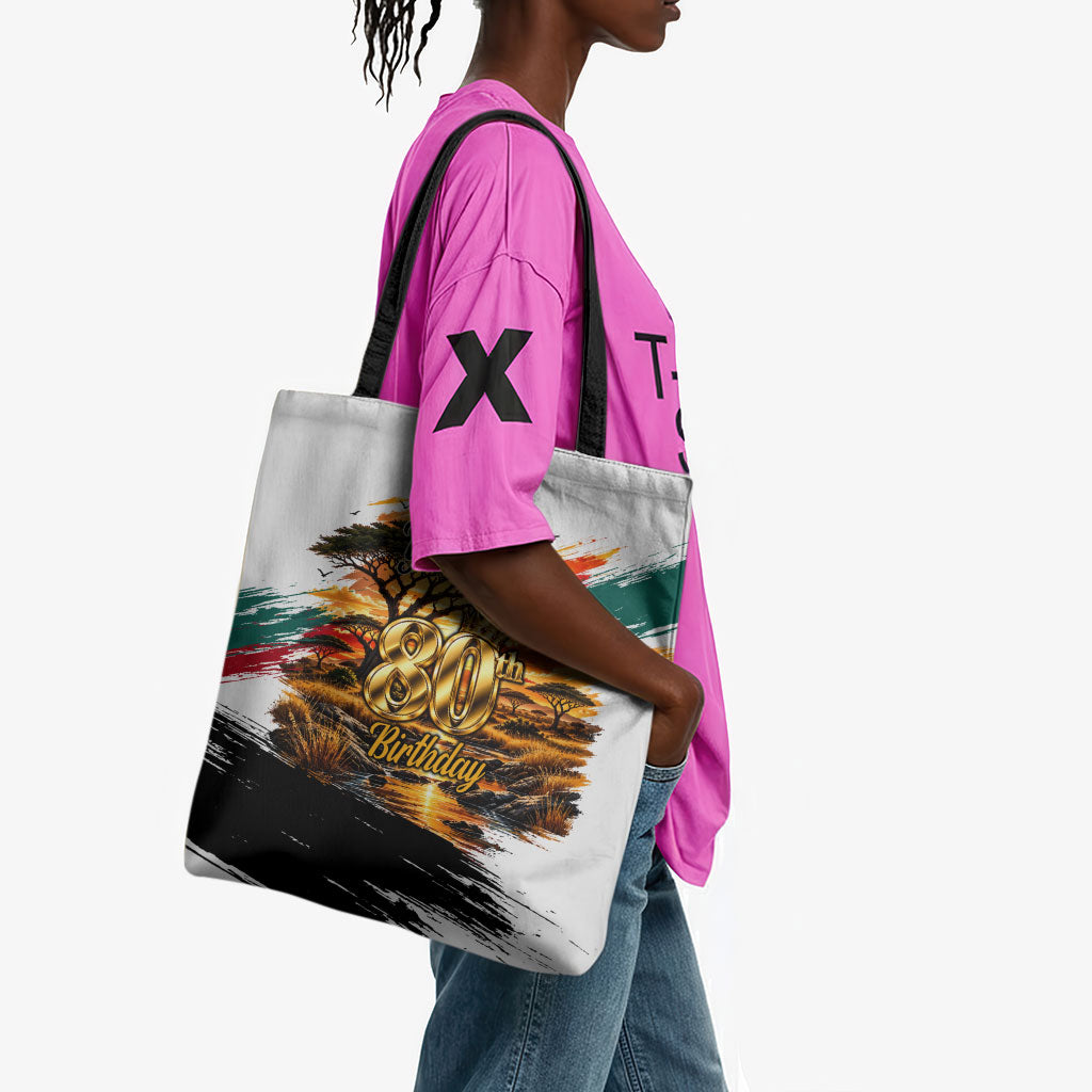 Personalized 80th Birthday African Safari Tote Bag Sunset Savanna Landscape Heritage Wildlife Art