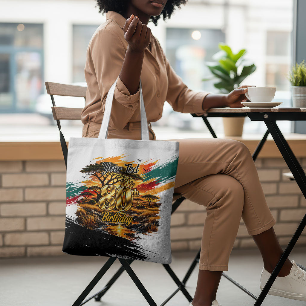 Personalized 80th Birthday African Safari Tote Bag Sunset Savanna Landscape Heritage Wildlife Art