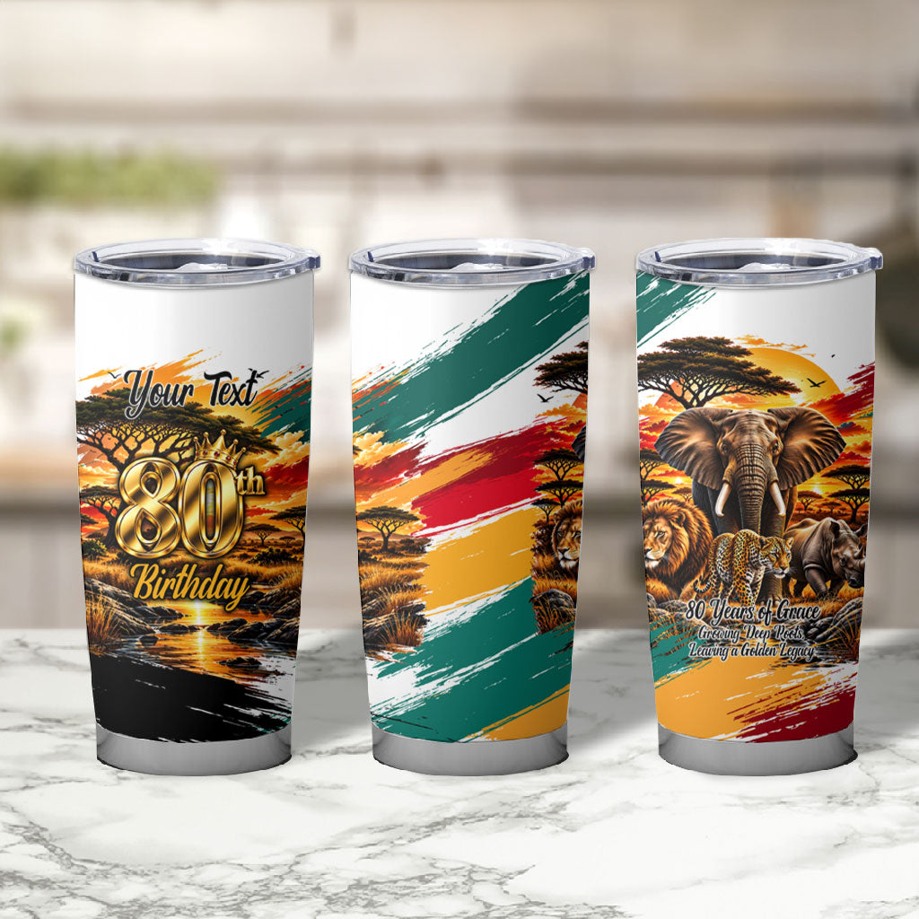 Personalized 80th Birthday African Safari Tumbler Cup Sunset Savanna Landscape Heritage Wildlife Art