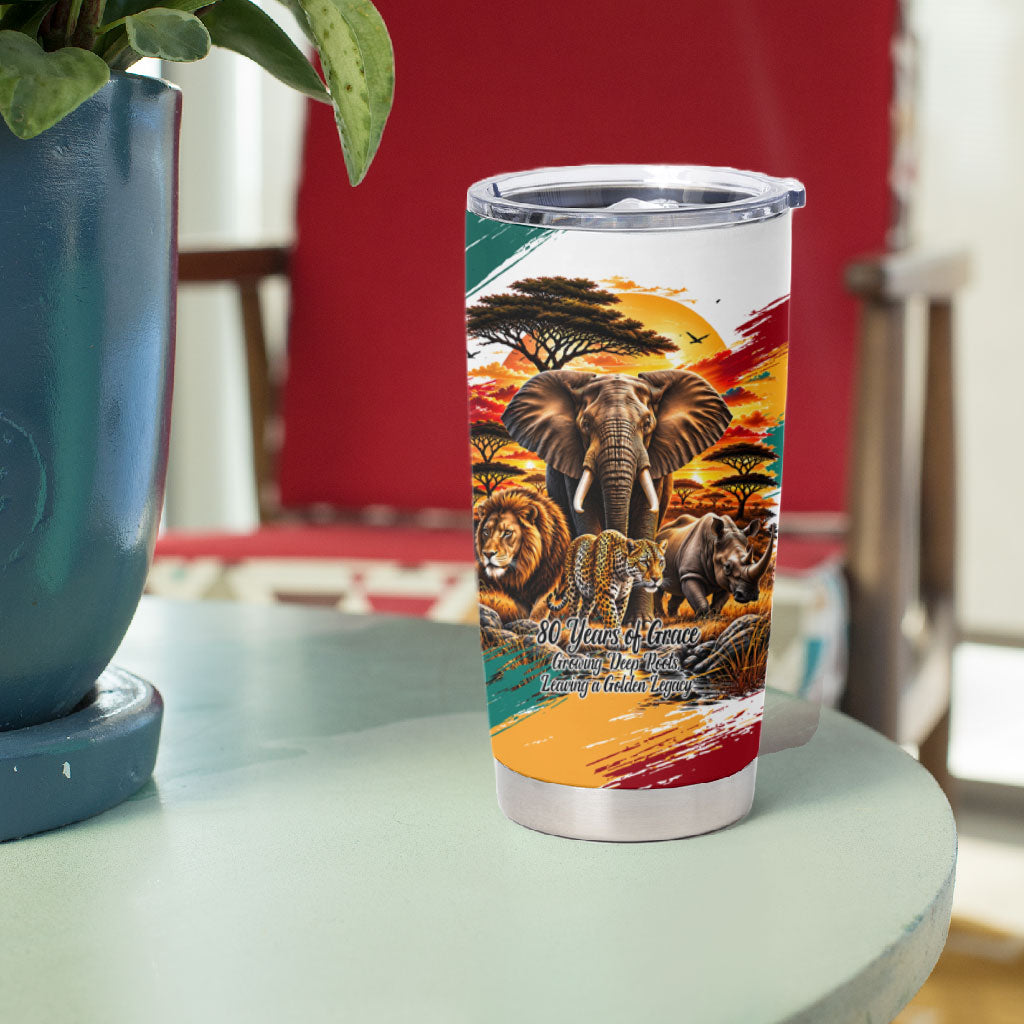 Personalized 80th Birthday African Safari Tumbler Cup Sunset Savanna Landscape Heritage Wildlife Art