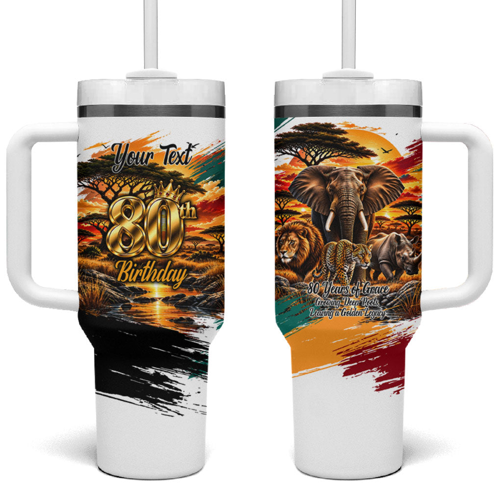 Personalized 80th Birthday African Safari Tumbler With Handle Sunset Savanna Landscape Heritage Wildlife Art