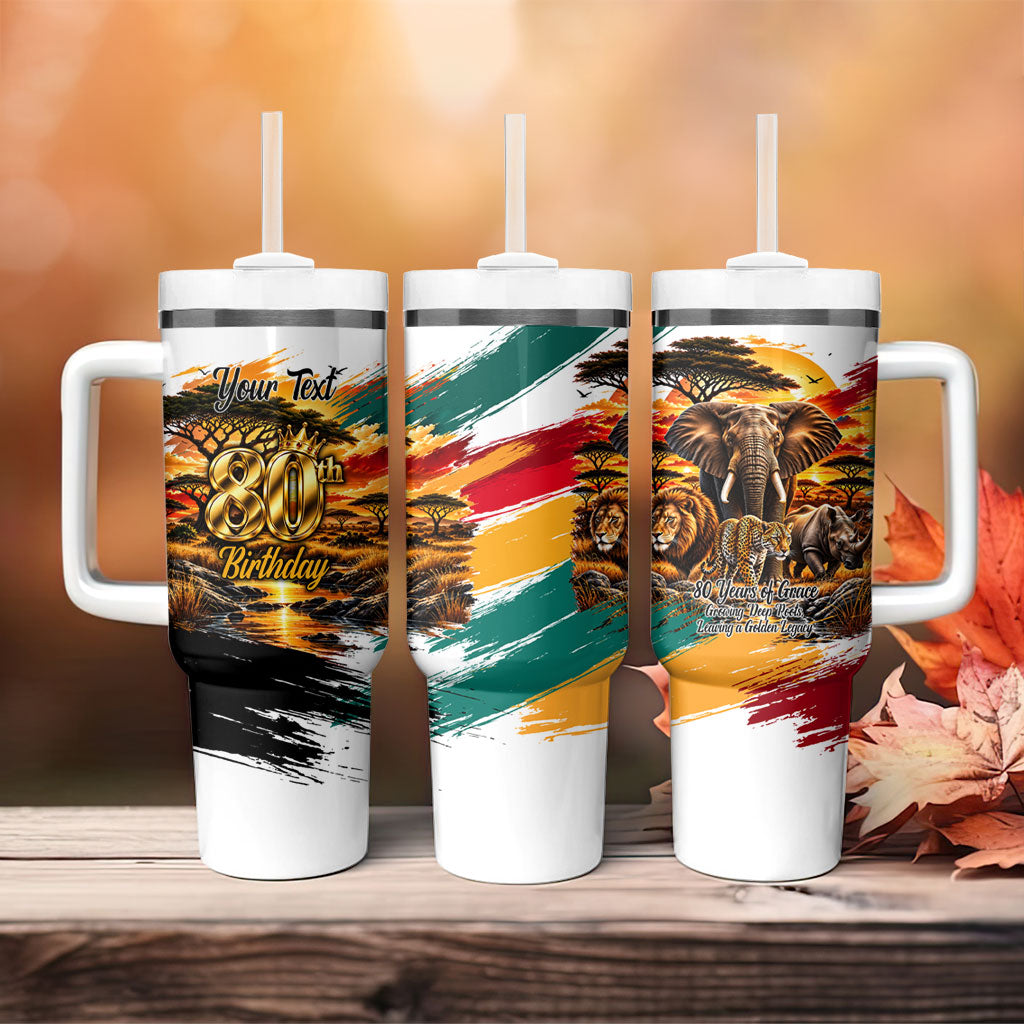 Personalized 80th Birthday African Safari Tumbler With Handle Sunset Savanna Landscape Heritage Wildlife Art