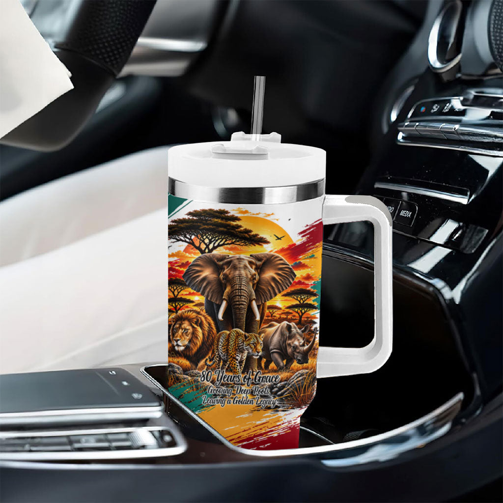 Personalized 80th Birthday African Safari Tumbler With Handle Sunset Savanna Landscape Heritage Wildlife Art