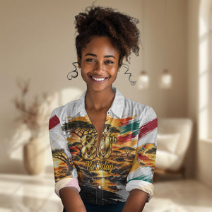Personalized 80th Birthday African Safari Women Casual Shirt Sunset Savanna Landscape Heritage Wildlife Art