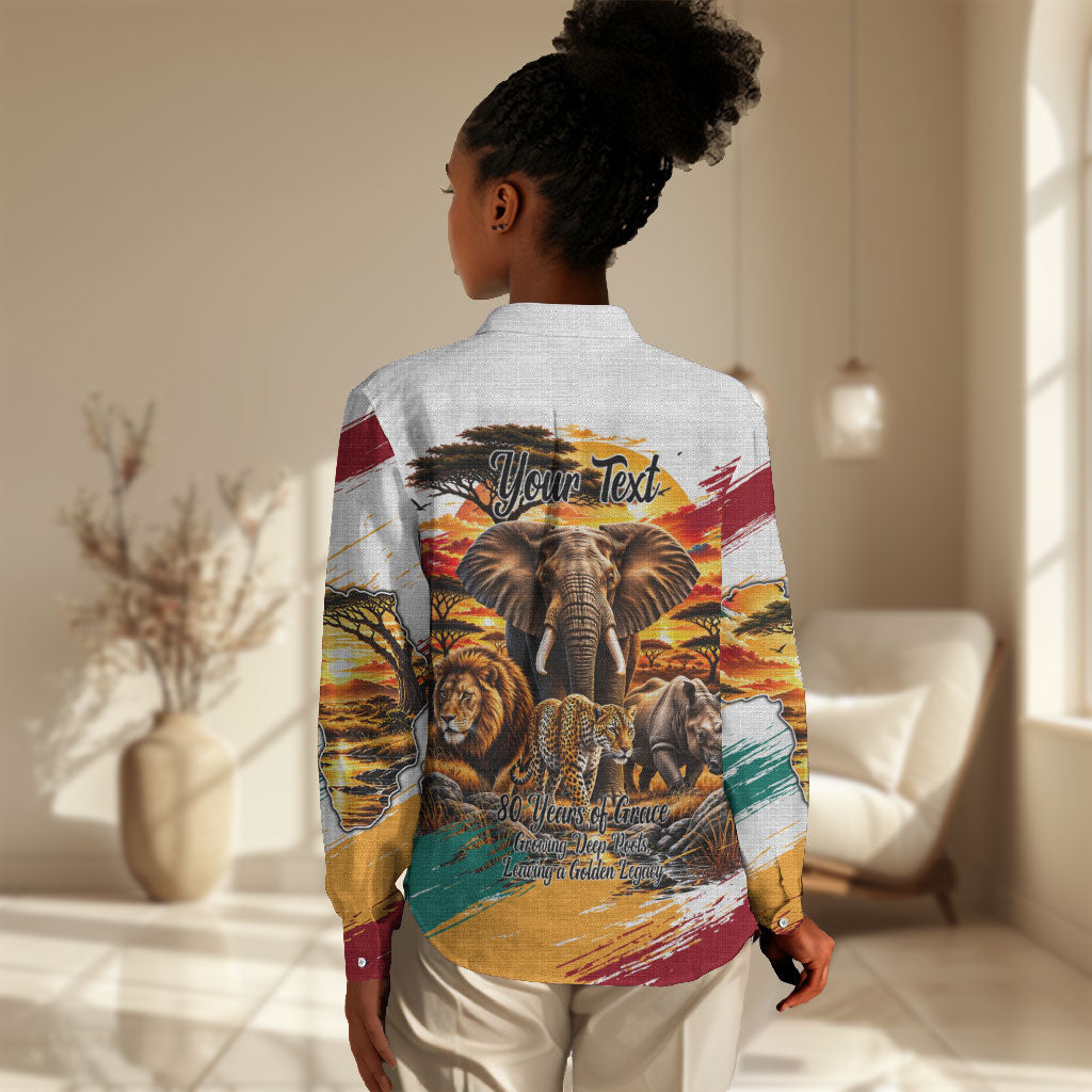 Personalized 80th Birthday African Safari Women Casual Shirt Sunset Savanna Landscape Heritage Wildlife Art