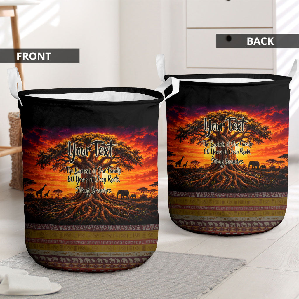Personalized 80th Birthday Baobab Tree Laundry Basket African Sunset Savanna Silhouette Tribal Heritage Art