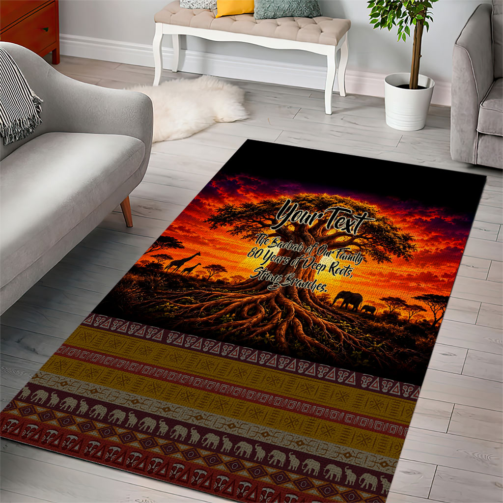 Personalized 80th Birthday Baobab Tree Area Rug African Sunset Savanna Silhouette Tribal Heritage Art