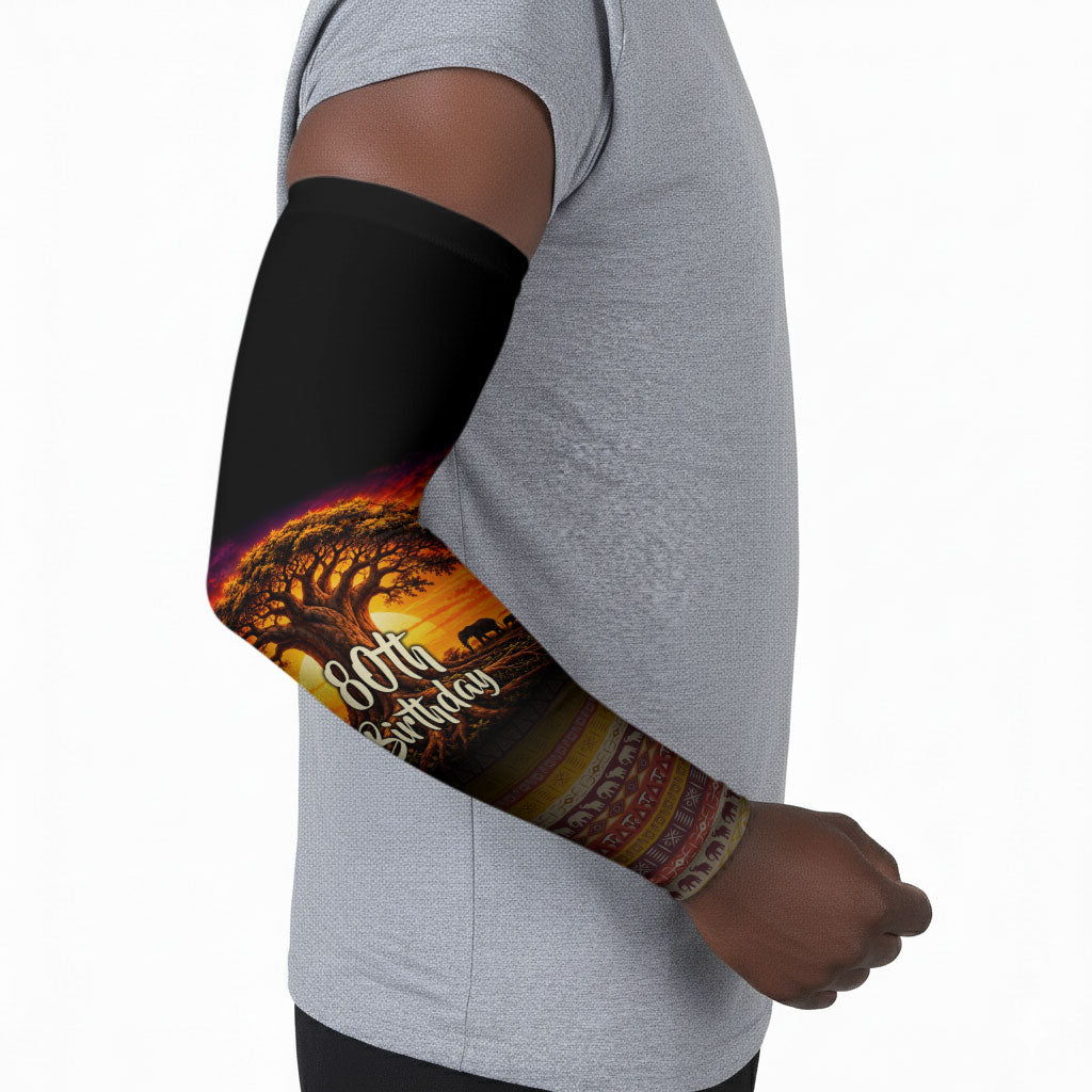 Personalized 80th Birthday Baobab Tree Arm Sleeves African Sunset Savanna Silhouette Tribal Heritage Art