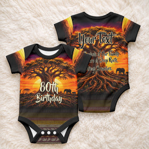 Personalized 80th Birthday Baobab Tree Baby Onesie African Sunset Savanna Silhouette Tribal Heritage Art