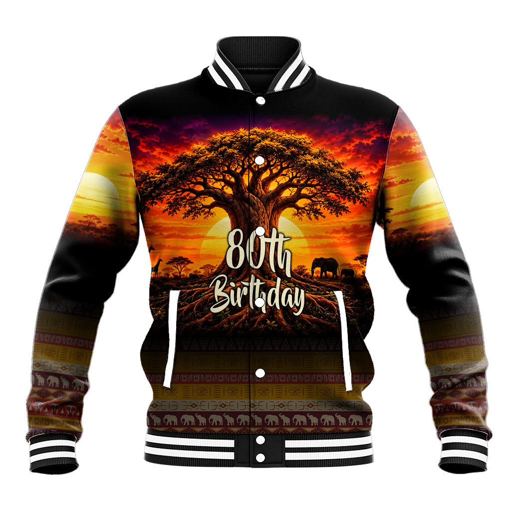 Personalized 80th Birthday Baobab Tree Baseball Jacket African Sunset Savanna Silhouette Tribal Heritage Art