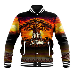Personalized 80th Birthday Baobab Tree Baseball Jacket African Sunset Savanna Silhouette Tribal Heritage Art