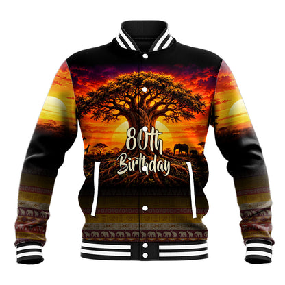 Personalized 80th Birthday Baobab Tree Baseball Jacket African Sunset Savanna Silhouette Tribal Heritage Art