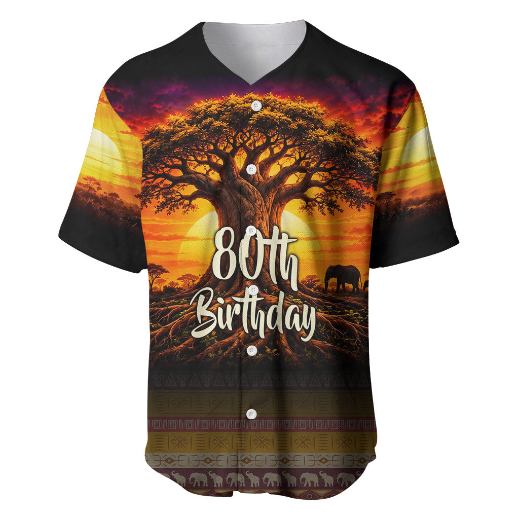 Personalized 80th Birthday Baobab Tree Baseball Jersey African Sunset Savanna Silhouette Tribal Heritage Art