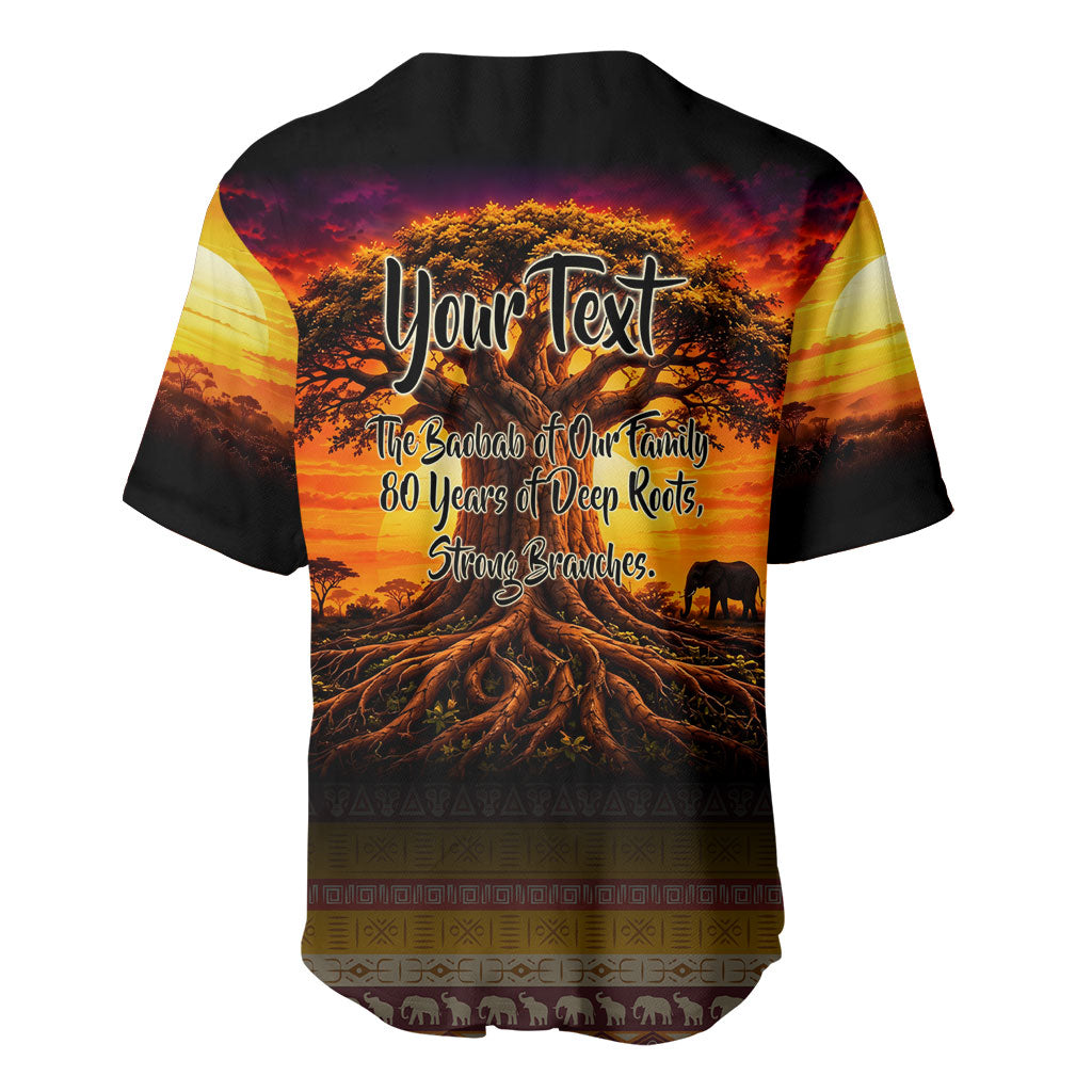 Personalized 80th Birthday Baobab Tree Baseball Jersey African Sunset Savanna Silhouette Tribal Heritage Art