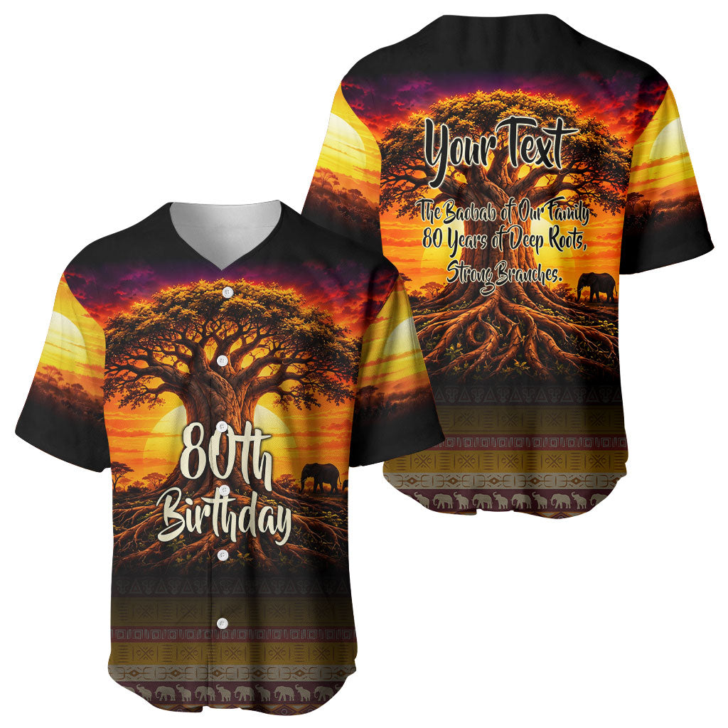 Personalized 80th Birthday Baobab Tree Baseball Jersey African Sunset Savanna Silhouette Tribal Heritage Art