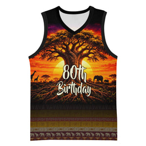 Personalized 80th Birthday Baobab Tree Basketball Jersey African Sunset Savanna Silhouette Tribal Heritage Art