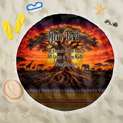 Personalized 80th Birthday Baobab Tree Beach Blanket African Sunset Savanna Silhouette Tribal Heritage Art
