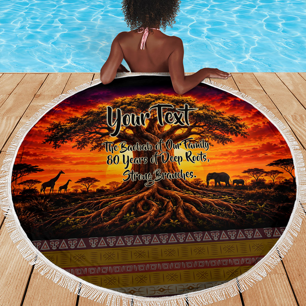 Personalized 80th Birthday Baobab Tree Beach Blanket African Sunset Savanna Silhouette Tribal Heritage Art