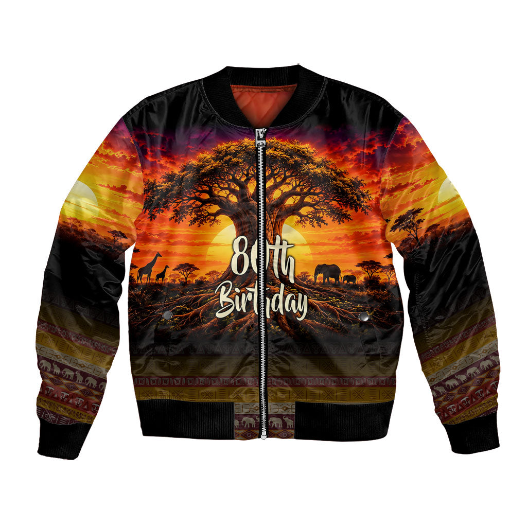 Personalized 80th Birthday Baobab Tree Bomber Jacket African Sunset Savanna Silhouette Tribal Heritage Art