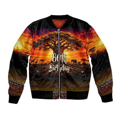 Personalized 80th Birthday Baobab Tree Bomber Jacket African Sunset Savanna Silhouette Tribal Heritage Art