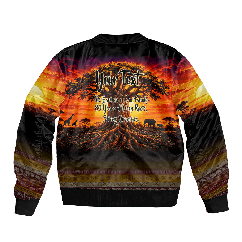 Personalized 80th Birthday Baobab Tree Bomber Jacket African Sunset Savanna Silhouette Tribal Heritage Art