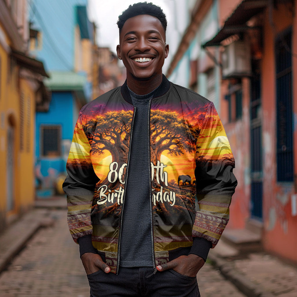 Personalized 80th Birthday Baobab Tree Bomber Jacket African Sunset Savanna Silhouette Tribal Heritage Art