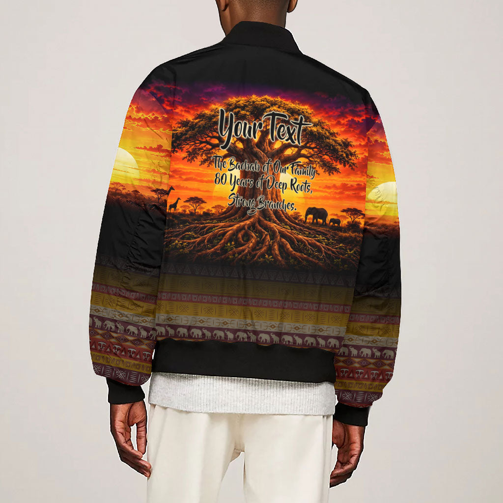 Personalized 80th Birthday Baobab Tree Bomber Jacket African Sunset Savanna Silhouette Tribal Heritage Art