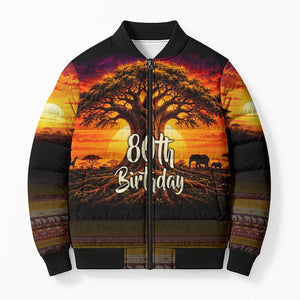 Personalized 80th Birthday Baobab Tree Bomber Puffer Jacket African Sunset Savanna Silhouette Tribal Heritage Art