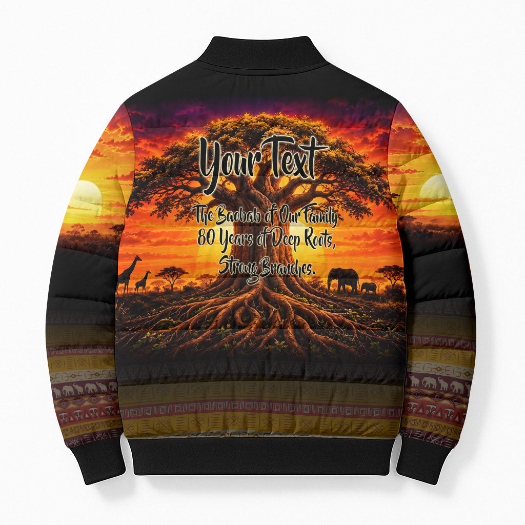 Personalized 80th Birthday Baobab Tree Bomber Puffer Jacket African Sunset Savanna Silhouette Tribal Heritage Art
