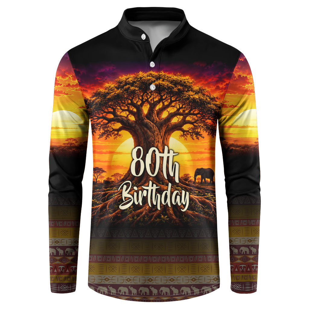 Personalized 80th Birthday Baobab Tree Button Sweatshirt African Sunset Savanna Silhouette Tribal Heritage Art