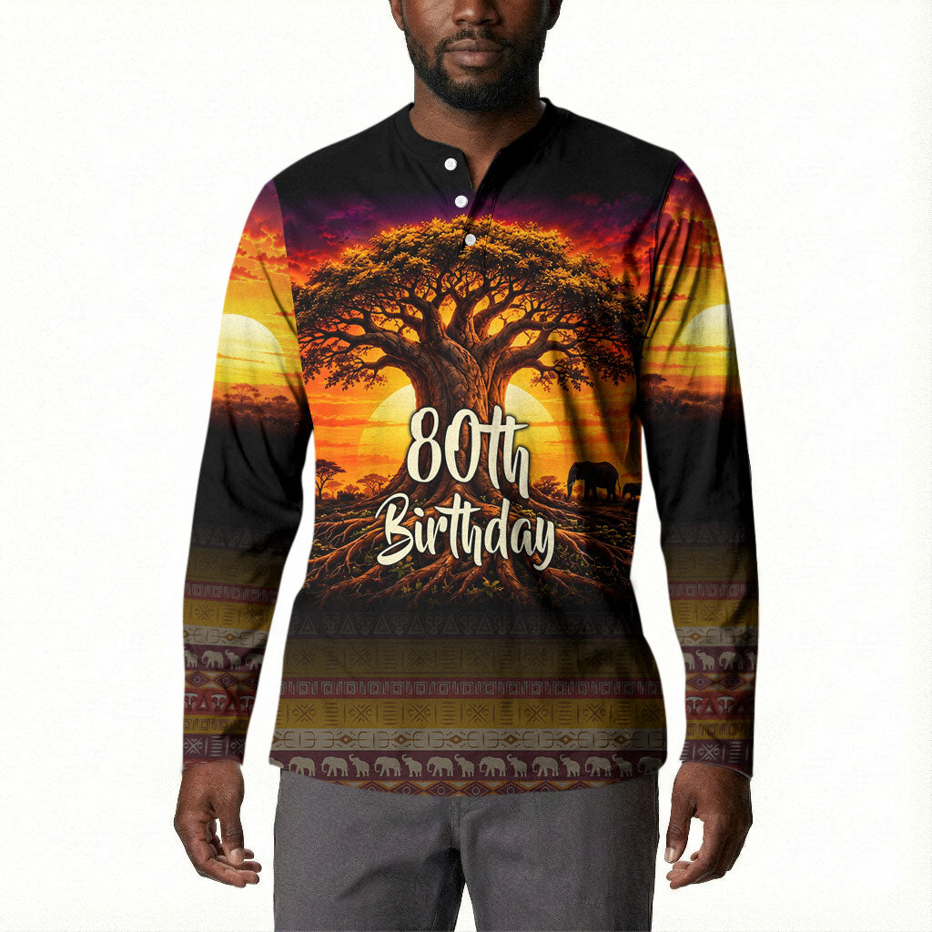Personalized 80th Birthday Baobab Tree Button Sweatshirt African Sunset Savanna Silhouette Tribal Heritage Art