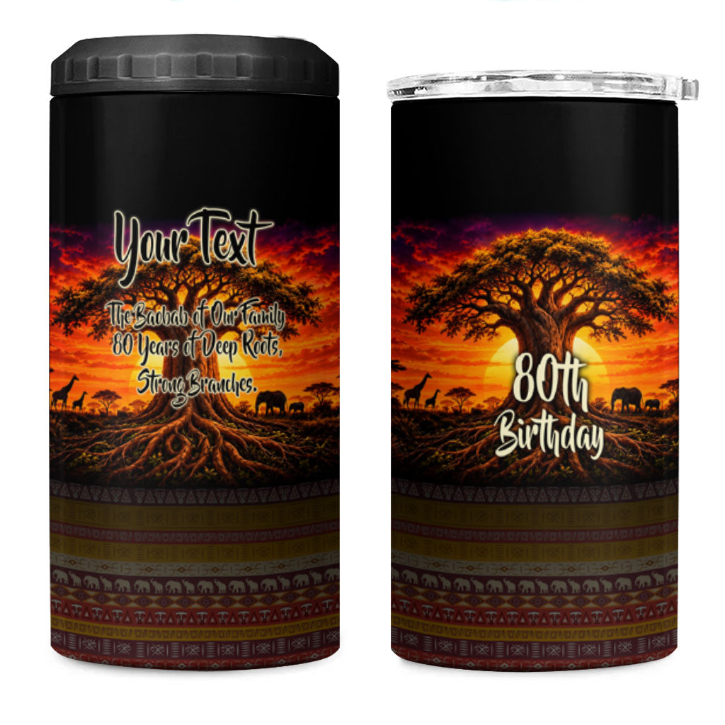 Personalized 80th Birthday Baobab Tree 4 in 1 Can Cooler Tumbler African Sunset Savanna Silhouette Tribal Heritage Art