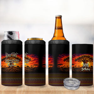 Personalized 80th Birthday Baobab Tree 4 in 1 Can Cooler Tumbler African Sunset Savanna Silhouette Tribal Heritage Art