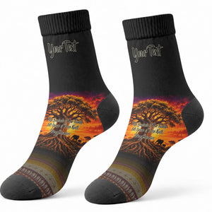 Personalized 80th Birthday Baobab Tree Crew Socks African Sunset Savanna Silhouette Tribal Heritage Art