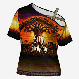 Personalized 80th Birthday Baobab Tree Cross Shoulder Shirt African Sunset Savanna Silhouette Tribal Heritage Art