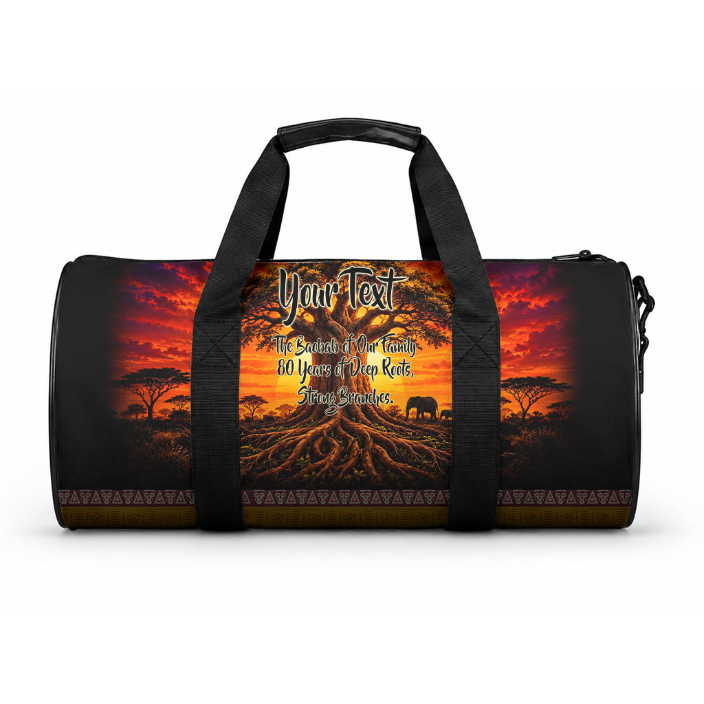 Personalized 80th Birthday Baobab Tree Duffle Bag African Sunset Savanna Silhouette Tribal Heritage Art