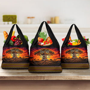 Personalized 80th Birthday Baobab Tree Grocery Bag African Sunset Savanna Silhouette Tribal Heritage Art