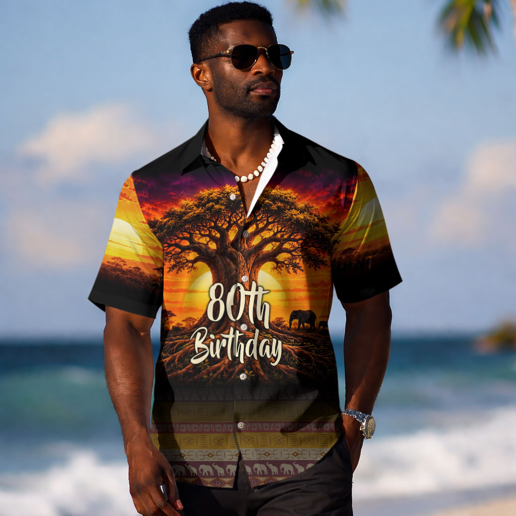 Personalized 80th Birthday Baobab Tree Hawaiian Shirt African Sunset Savanna Silhouette Tribal Heritage Art