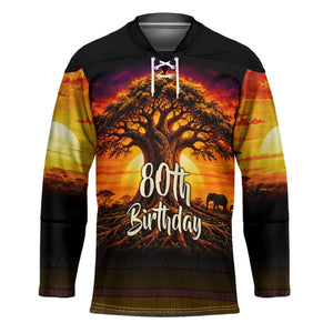 Personalized 80th Birthday Baobab Tree Hockey Jersey African Sunset Savanna Silhouette Tribal Heritage Art