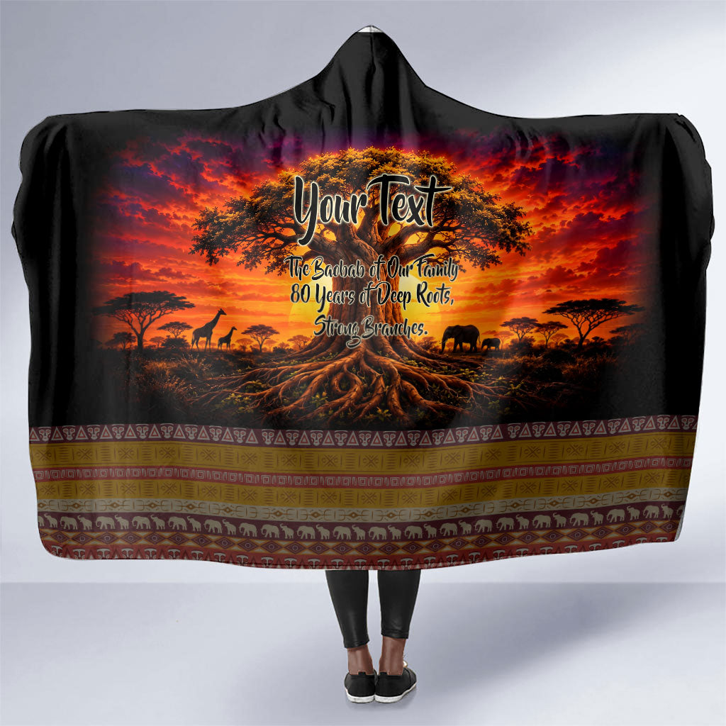 Personalized 80th Birthday Baobab Tree Hooded Blanket African Sunset Savanna Silhouette Tribal Heritage Art