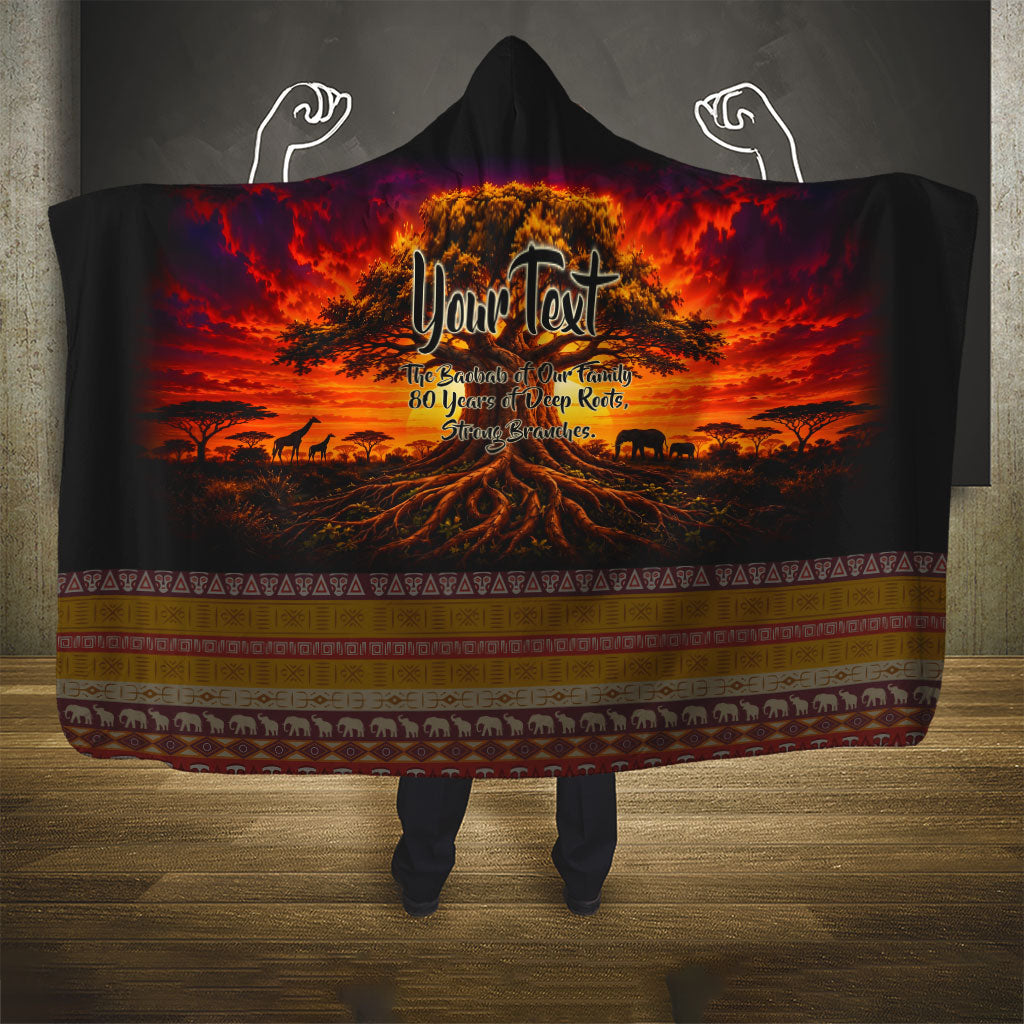 Personalized 80th Birthday Baobab Tree Hooded Blanket African Sunset Savanna Silhouette Tribal Heritage Art