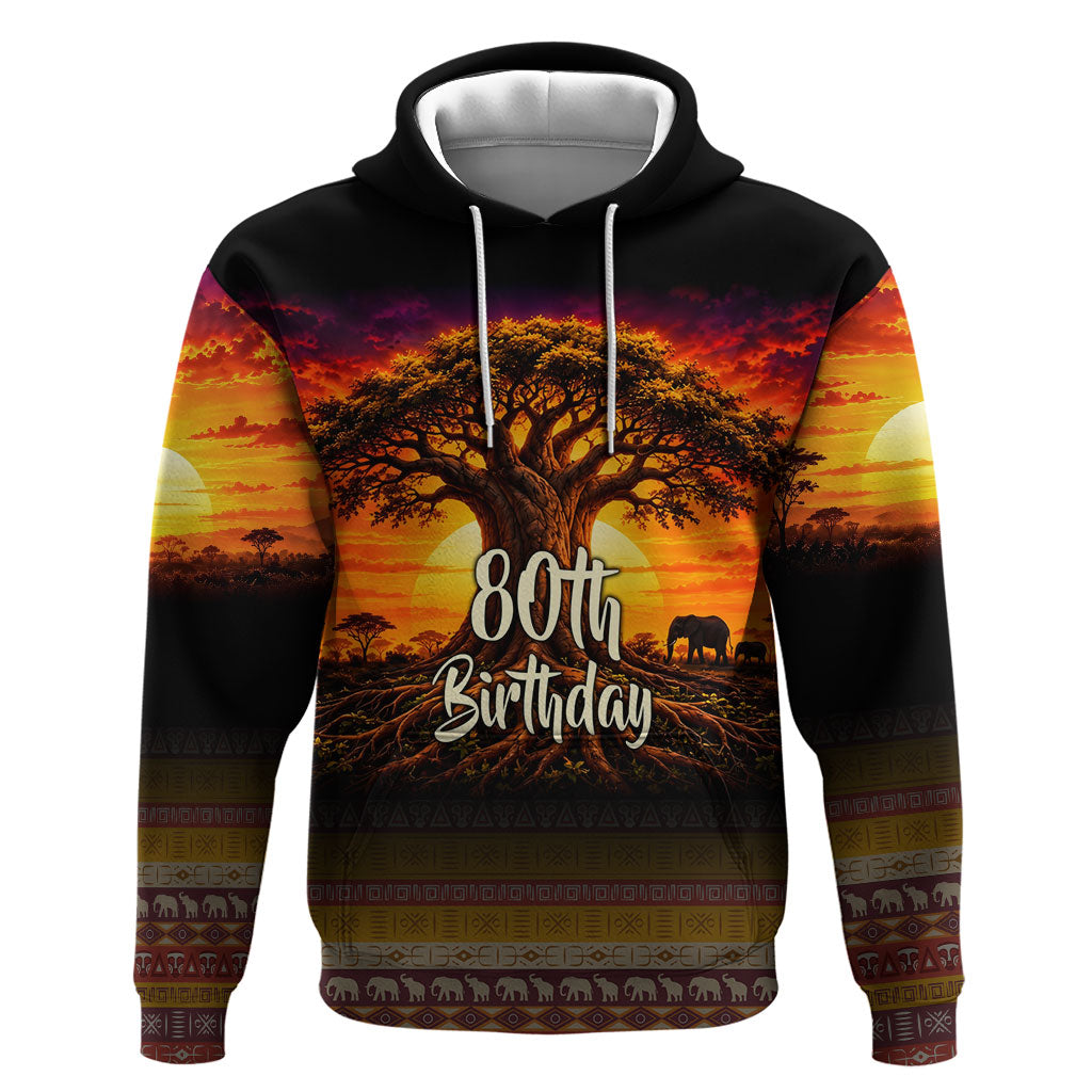 Personalized 80th Birthday Baobab Tree Hoodie African Sunset Savanna Silhouette Tribal Heritage Art