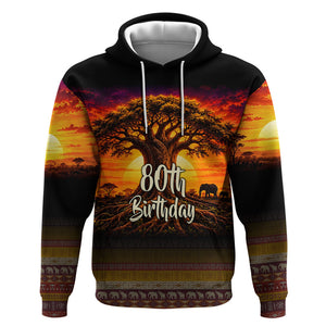 Personalized 80th Birthday Baobab Tree Hoodie African Sunset Savanna Silhouette Tribal Heritage Art
