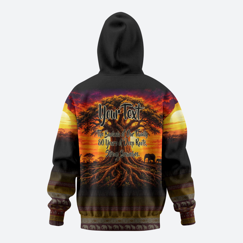 Personalized 80th Birthday Baobab Tree Hoodie African Sunset Savanna Silhouette Tribal Heritage Art