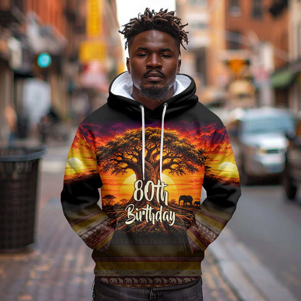Personalized 80th Birthday Baobab Tree Hoodie African Sunset Savanna Silhouette Tribal Heritage Art