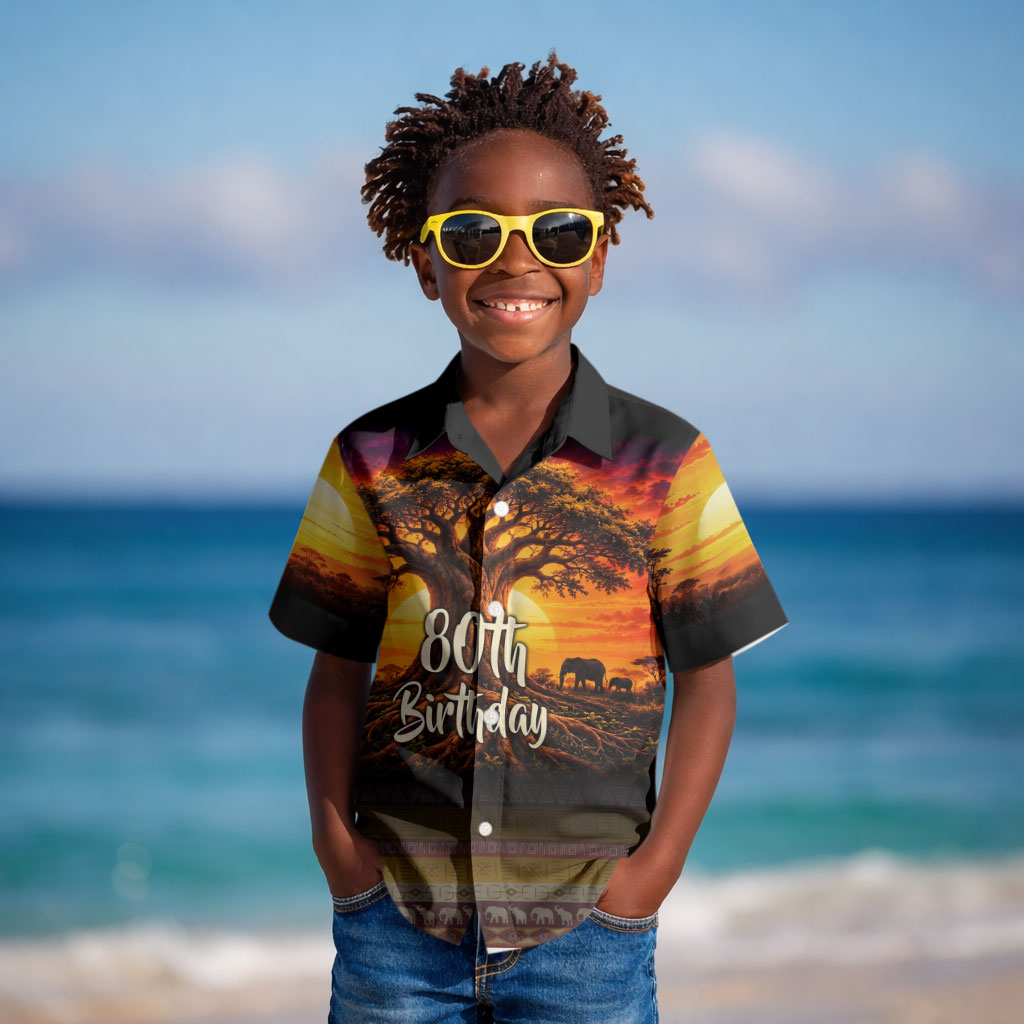 Personalized 80th Birthday Baobab Tree Kid Hawaiian Shirt African Sunset Savanna Silhouette Tribal Heritage Art