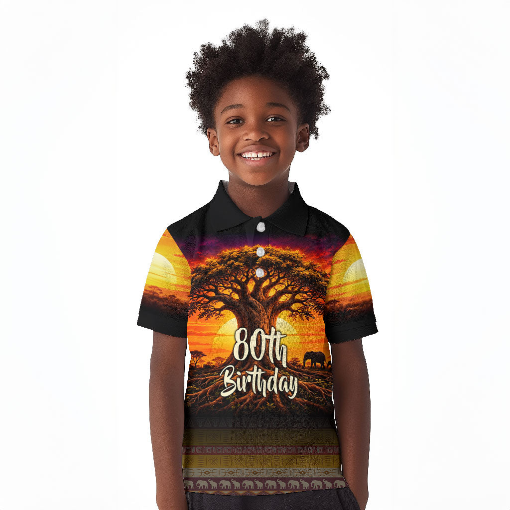 Personalized 80th Birthday Baobab Tree Kid Polo Shirt African Sunset Savanna Silhouette Tribal Heritage Art