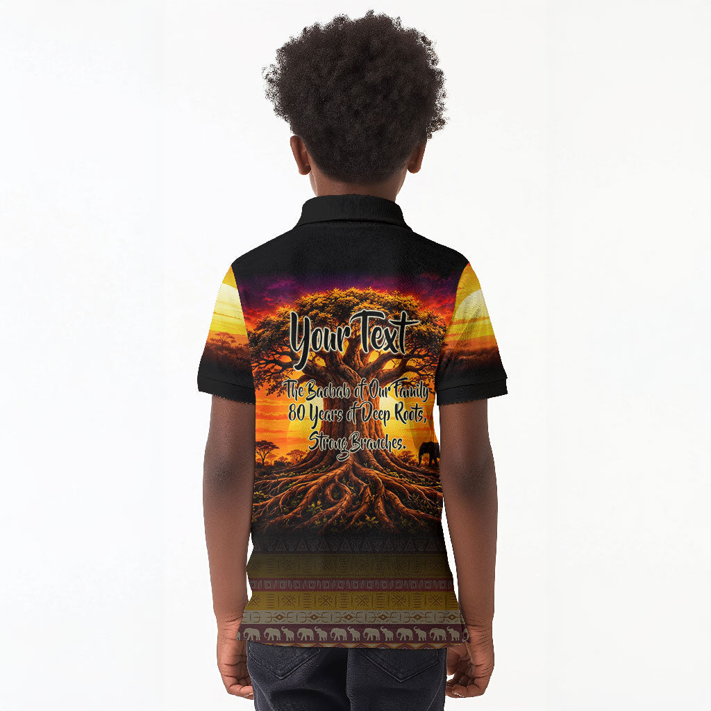 Personalized 80th Birthday Baobab Tree Kid Polo Shirt African Sunset Savanna Silhouette Tribal Heritage Art