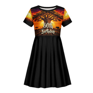 Personalized 80th Birthday Baobab Tree Kid Short Sleeve Dress African Sunset Savanna Silhouette Tribal Heritage Art