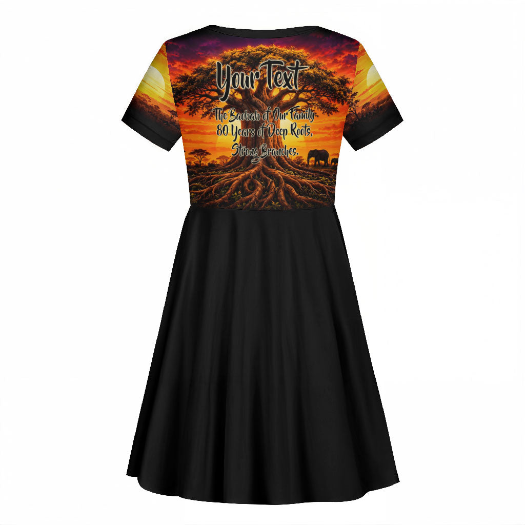Personalized 80th Birthday Baobab Tree Kid Short Sleeve Dress African Sunset Savanna Silhouette Tribal Heritage Art